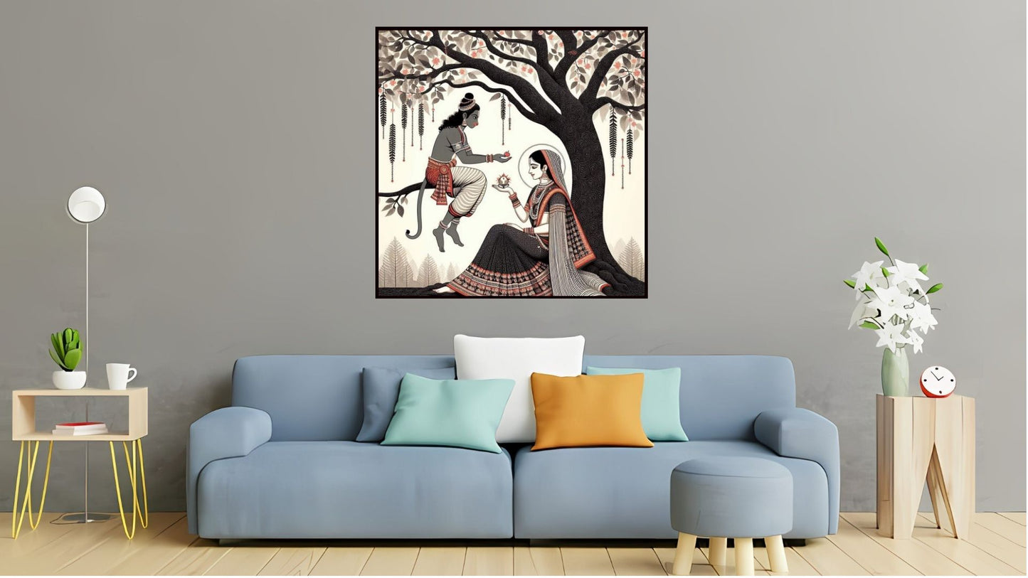 Hanuman Sita Indian Abstract Canvas Wall Art for Living Room, Bedroom, Office - Modern Abstract Paintings - Framed Decorative Art