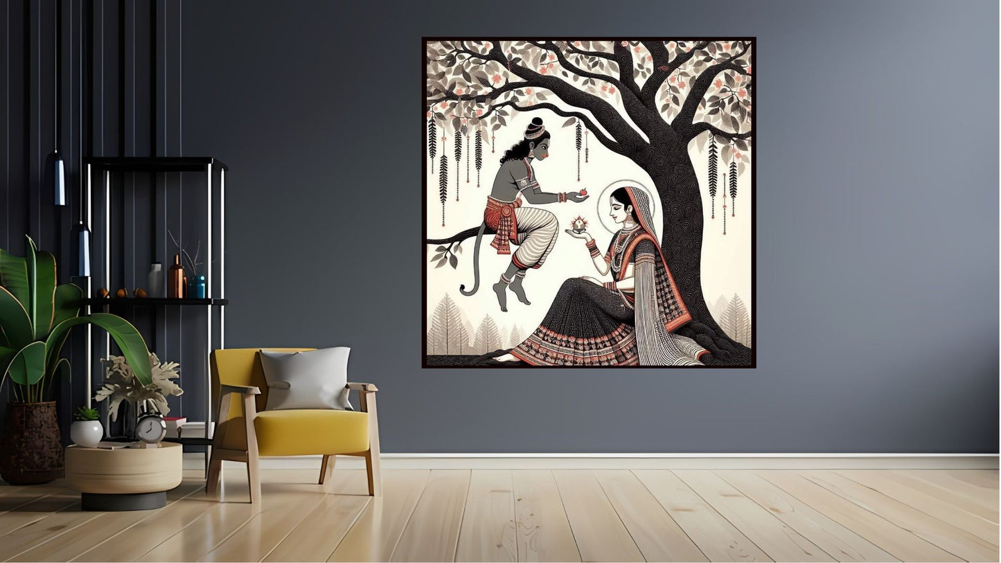 Hanuman Sita Indian Abstract Canvas Wall Art for Living Room, Bedroom, Office - Modern Abstract Paintings - Framed Decorative Art