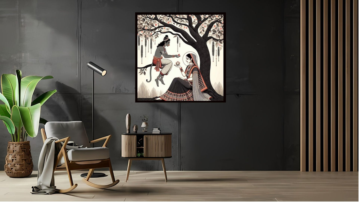 Hanuman Sita Indian Abstract Canvas Wall Art for Living Room, Bedroom, Office - Modern Abstract Paintings - Framed Decorative Art