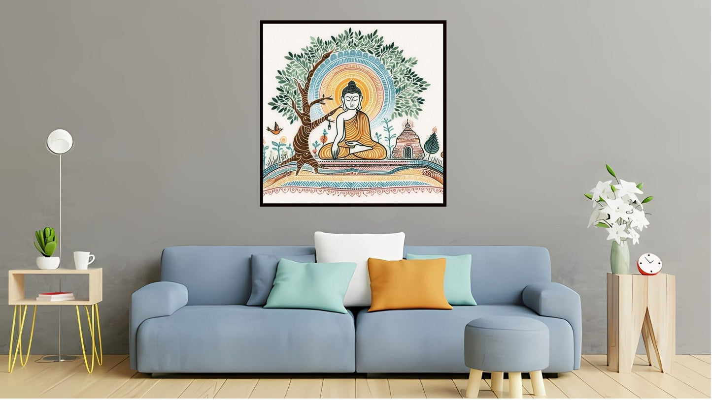 Gautam Buddha wall art Buddha enlightenment posters Indian Abstract Canvas Wall Art for Living Room, Bedroom, Office - Modern Abstract Paintings - Framed Decorative Art