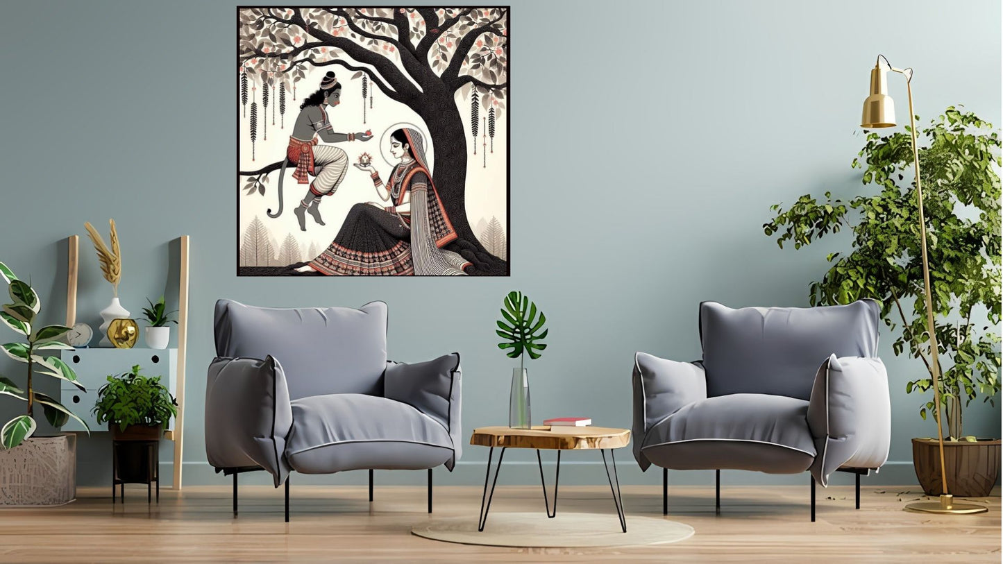 Hanuman Sita Indian Abstract Canvas Wall Art for Living Room, Bedroom, Office - Modern Abstract Paintings - Framed Decorative Art