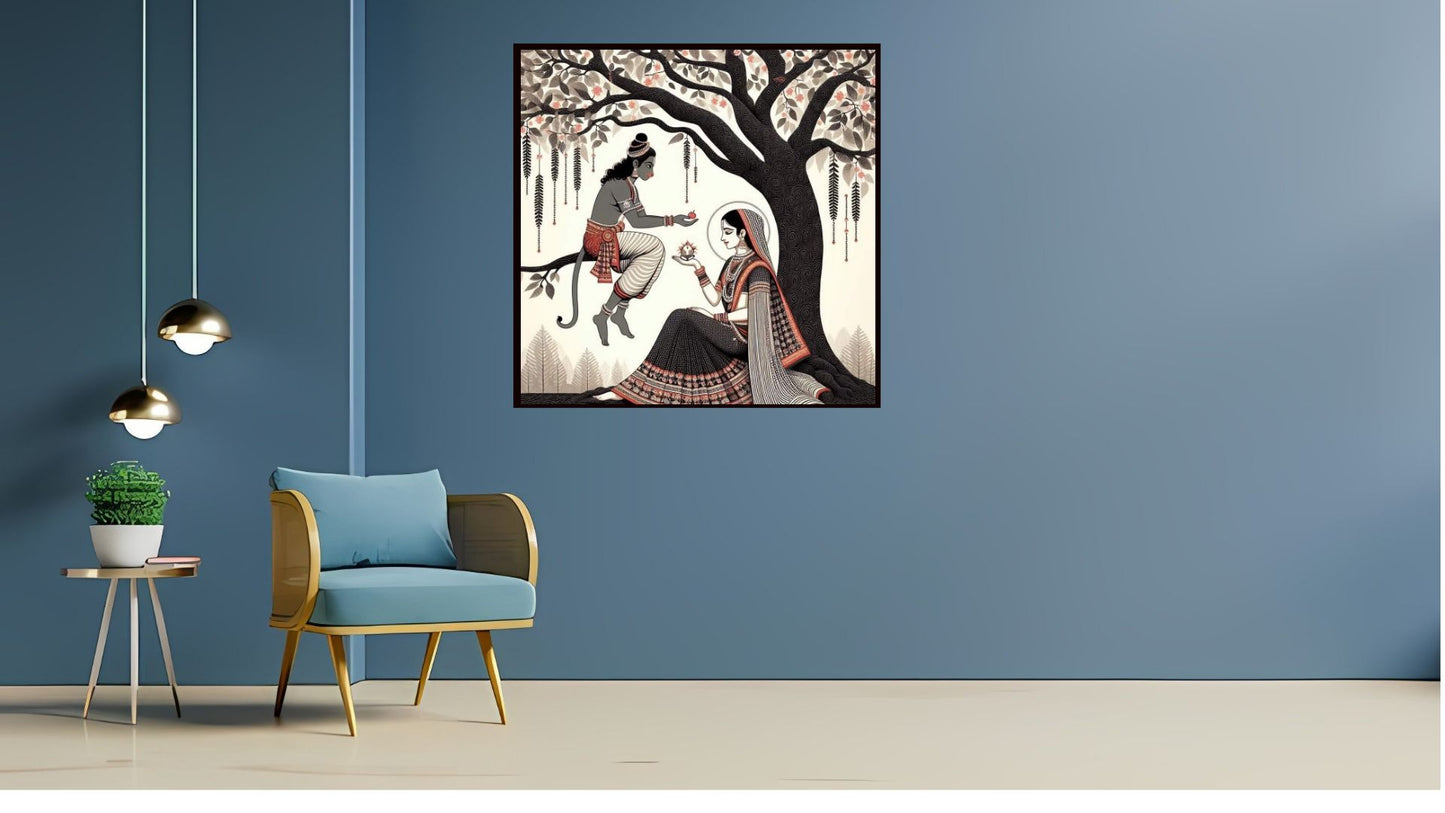 Hanuman Sita Indian Abstract Canvas Wall Art for Living Room, Bedroom, Office - Modern Abstract Paintings - Framed Decorative Art