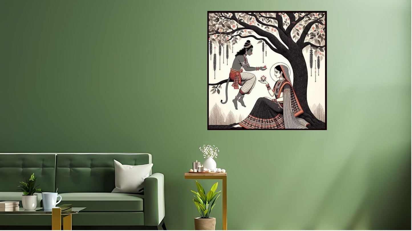 Hanuman Sita Indian Abstract Canvas Wall Art for Living Room, Bedroom, Office - Modern Abstract Paintings - Framed Decorative Art